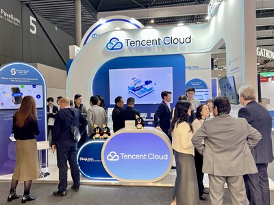 Tencent Cloud staff at the company booth during Mobile World Congress 2026 in Barcelona.