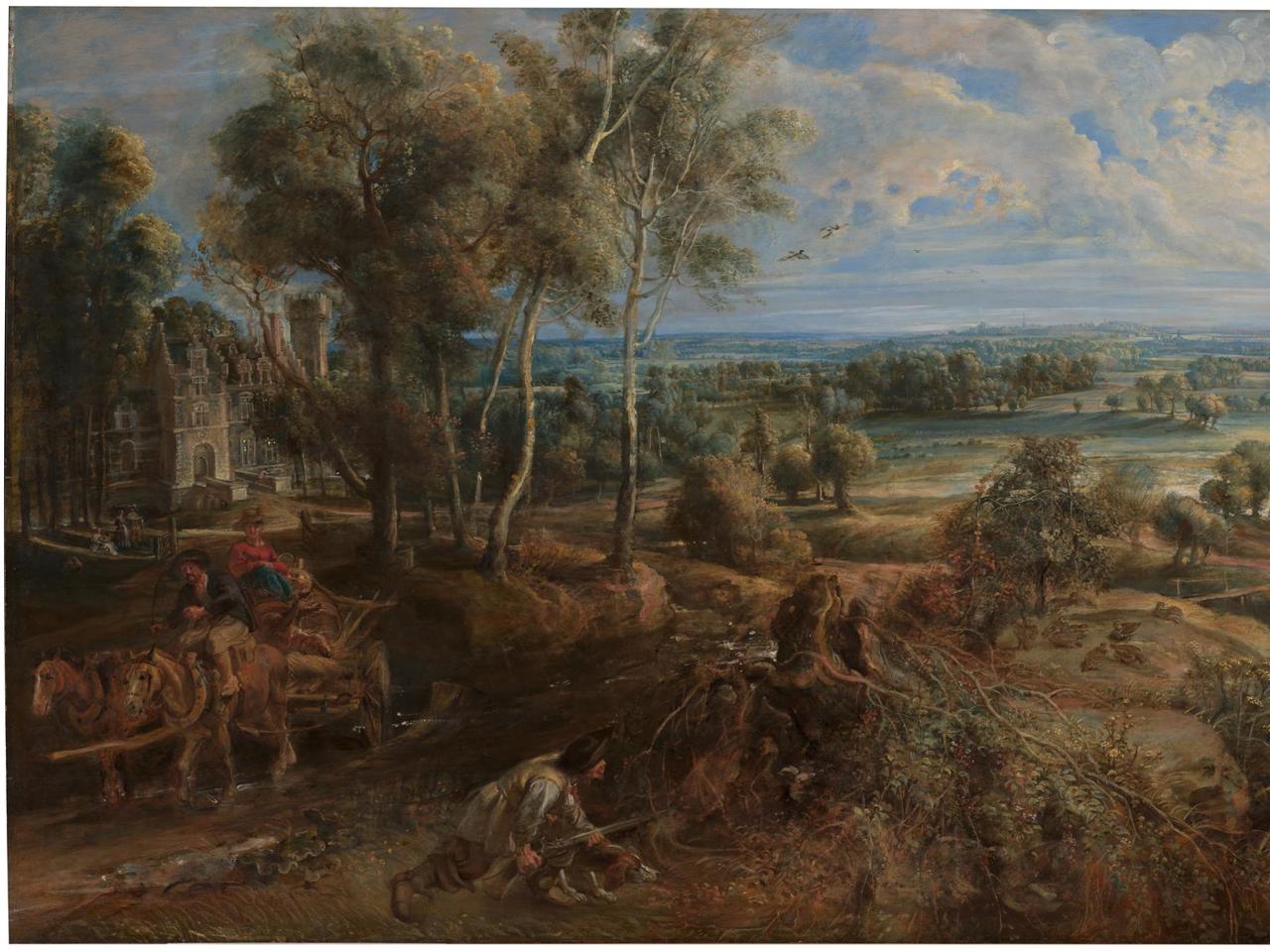 Peter Paul Rubens's painting A View of Het Steen in the Early Morning, showing the estate at sunrise with fields, figures, and long shadows.