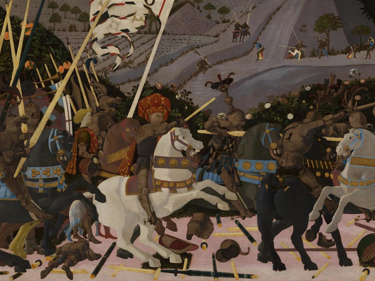 Paolo Uccello's The Battle of San Romano, with Niccolo da Tolentino on a white horse amid broken lances and darkened armour.