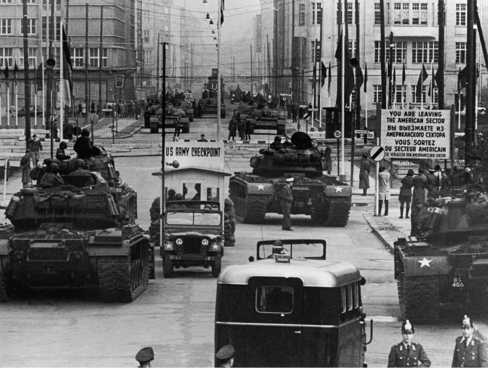 U.S. and Soviet tanks face each other at Checkpoint Charlie in Berlin in October 1961.