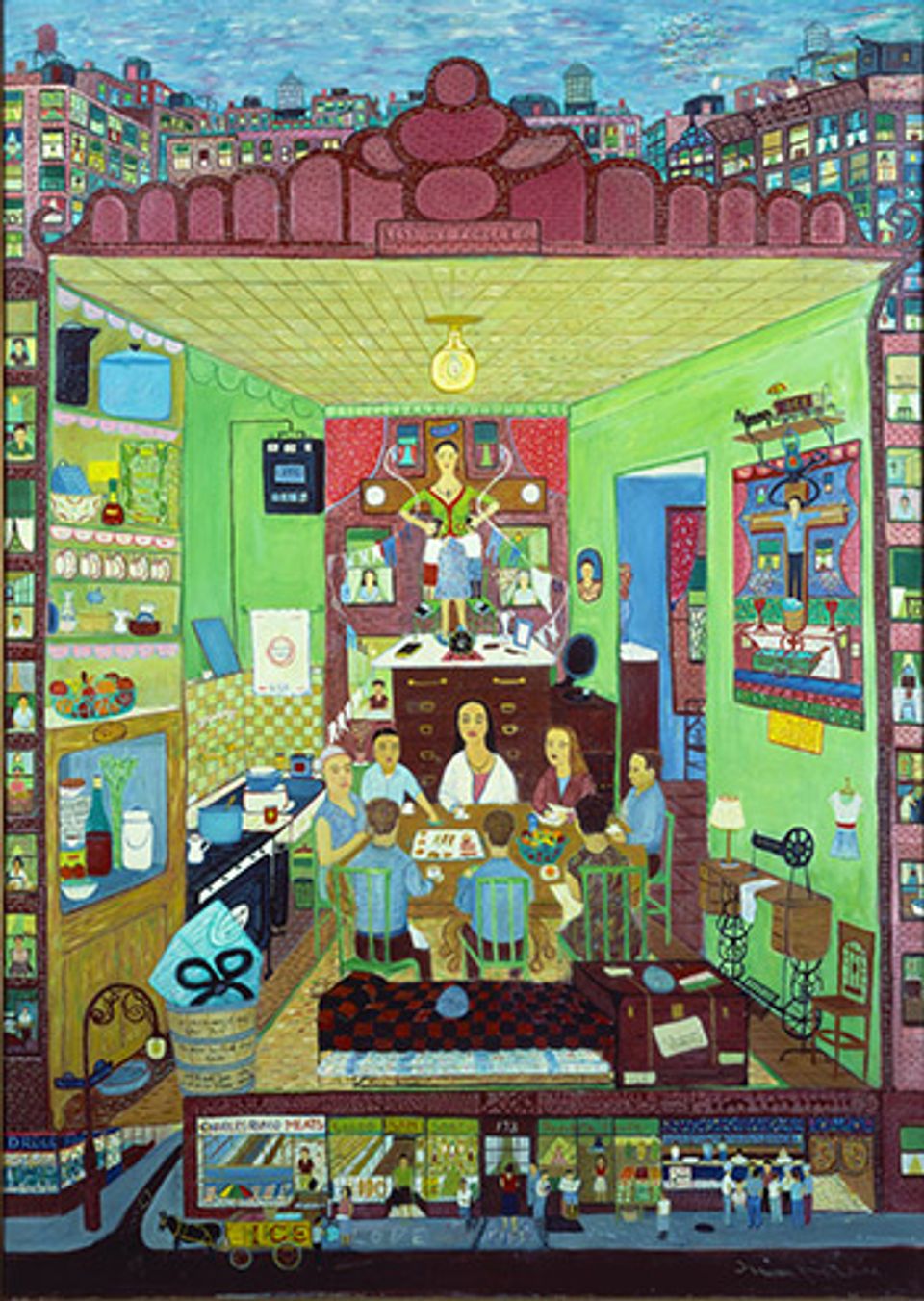 Ralph Fasanella's 1972 painting Family Supper, showing a crowded tenement kitchen and an immigrant family gathered around a table.