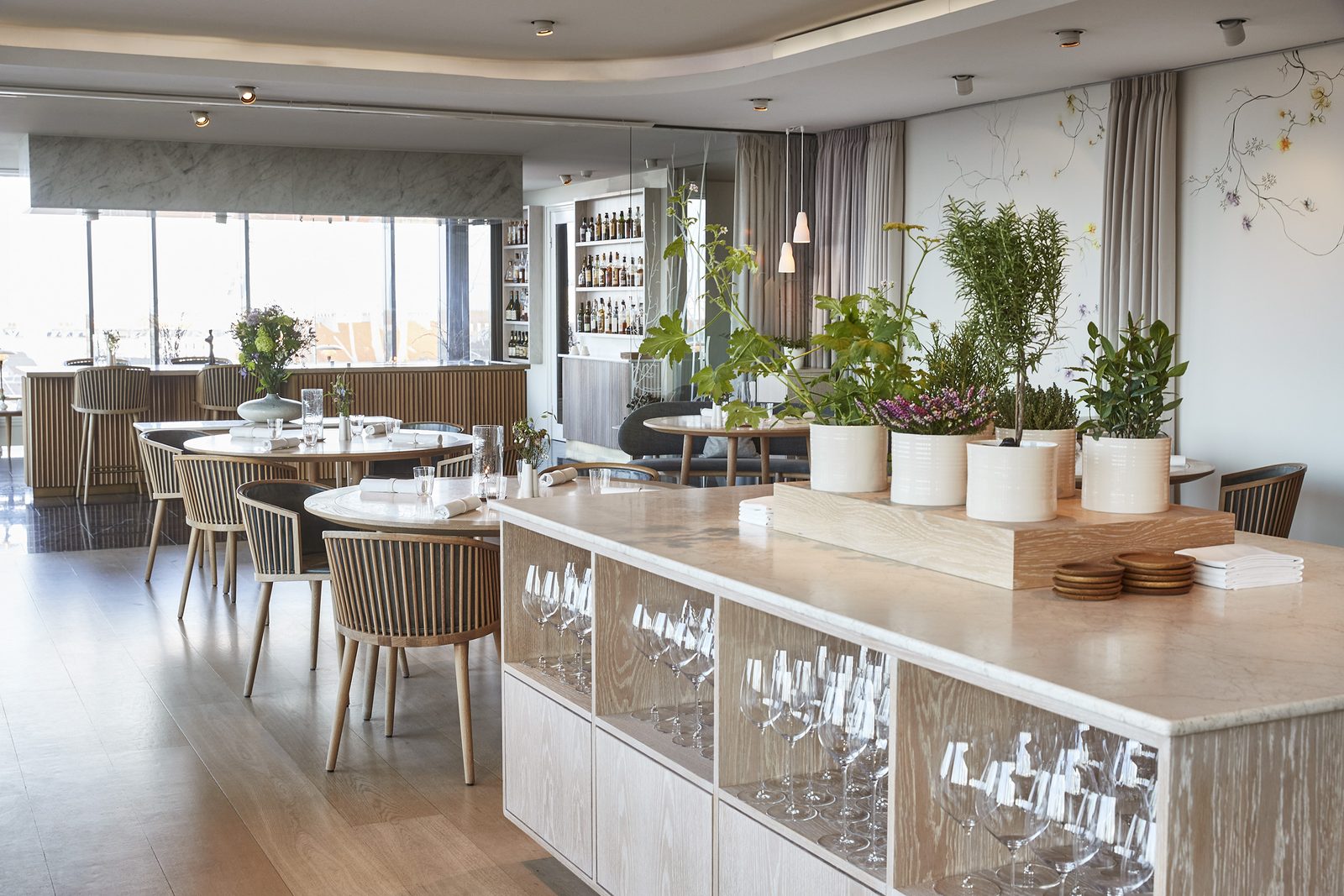 Geranium's dining room in Copenhagen, with pale wood tables, potted plants, and broad window light filtering through the space.