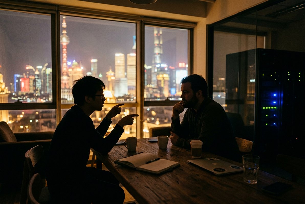 A late-night technology office scene with closed laptops, soft server-room light, and Shanghai-style city lights beyond the windows.