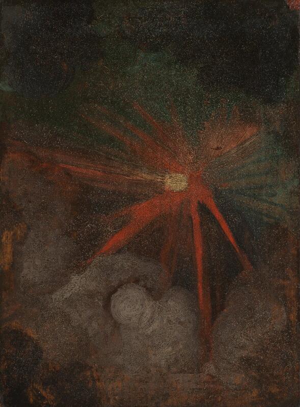 The reverse of Albrecht Durer's Saint Jerome showing a dark night sky cut by a blazing red celestial streak and a yellow oval glow.