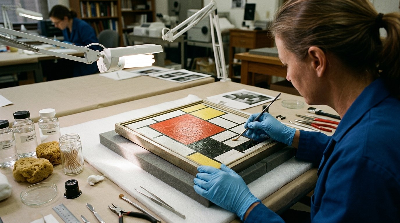 A conservator's gloved hands using a fine brush near a small framed geometric abstract painting on a padded work table.