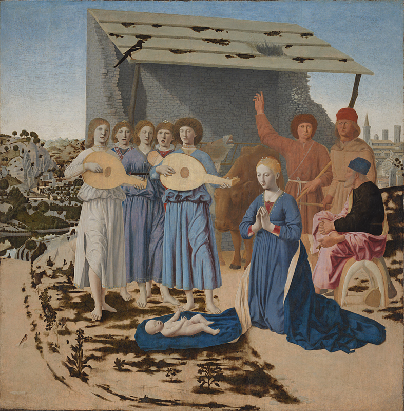 Piero della Francesca's The Nativity, with the Virgin kneeling before the Christ child, angels playing music across the foreground, and Joseph seated at right.