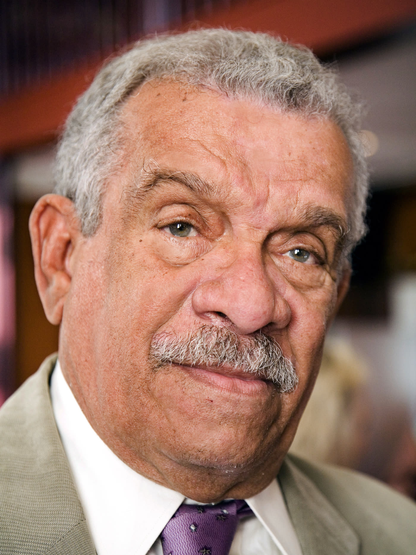 2008 年阿姆斯特丹一场荣誉晚宴上的德里克·沃尔科特彩色照片，他微微朝左侧坐着。
