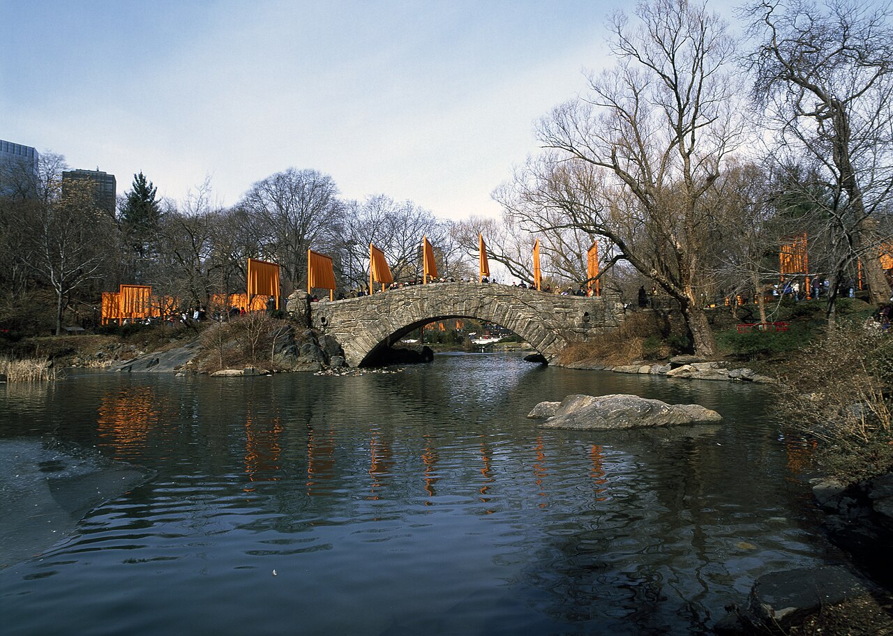 A 2005 photograph of Christo and Jeanne-Claude's The Gates in Central Park, with saffron fabric panels lining a winter pathway.