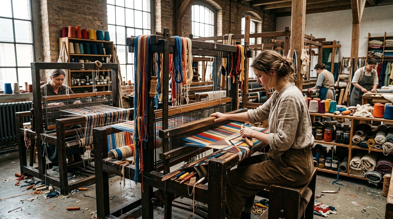 A Bauhaus-style weaving studio with wooden looms, colored warp threads, and textile work in progress under natural light.