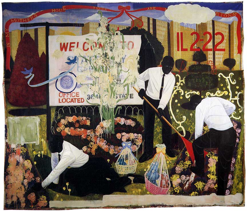 Kerry James Marshall's Many Mansions, showing three Black men in white shirts tending flower beds before Chicago public-housing towers and a red ribbon title.