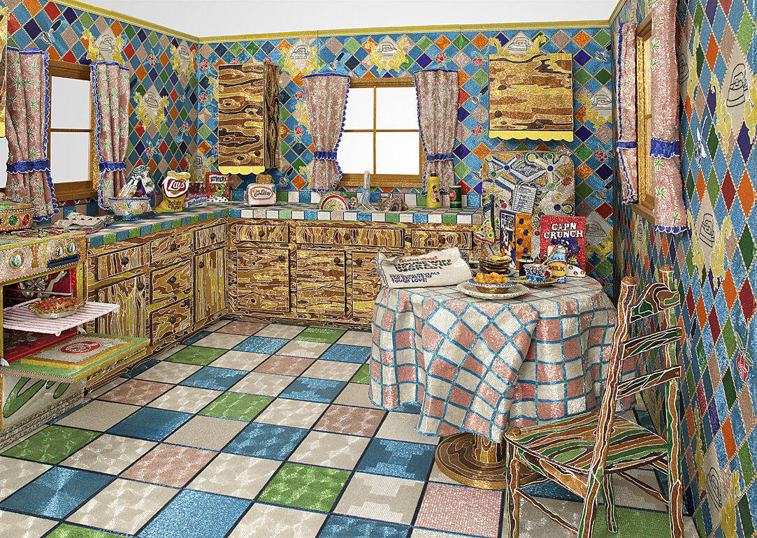 Liza Lou's Kitchen, a full-scale beaded kitchen installation with checkered floor, cabinets, table, breakfast objects, and glittering domestic surfaces.