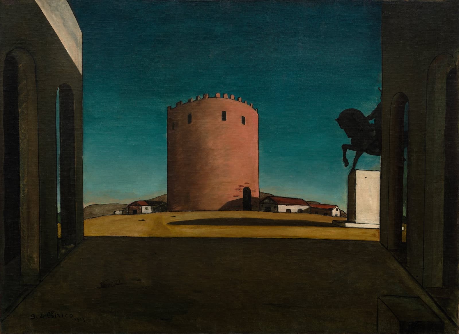 Giorgio de Chirico's The Red Tower, with an empty Italian piazza, deep shadows, arcades, a tower, and a partly hidden equestrian monument.