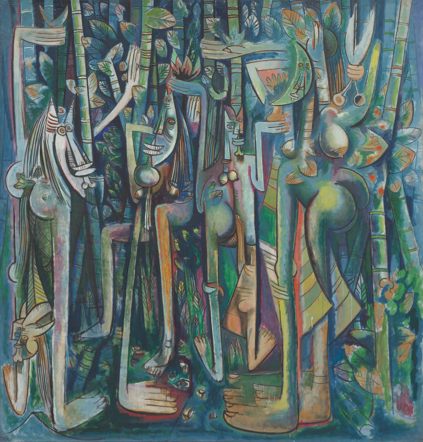 Wifredo Lam's The Jungle, a dense modernist painting of elongated hybrid figures, masklike faces, cane stalks, leaves, and blue-green vertical forms crowded across the canvas.