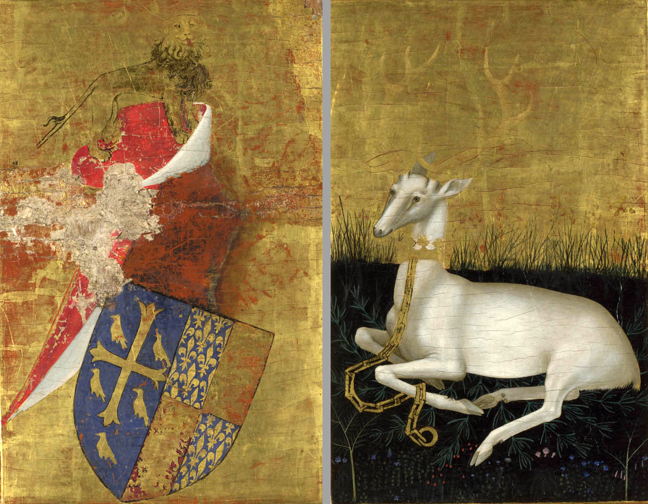 The Wilton Diptych open, showing Richard II kneeling with three saints before the Virgin and Child surrounded by blue-robed angels against a gold ground.