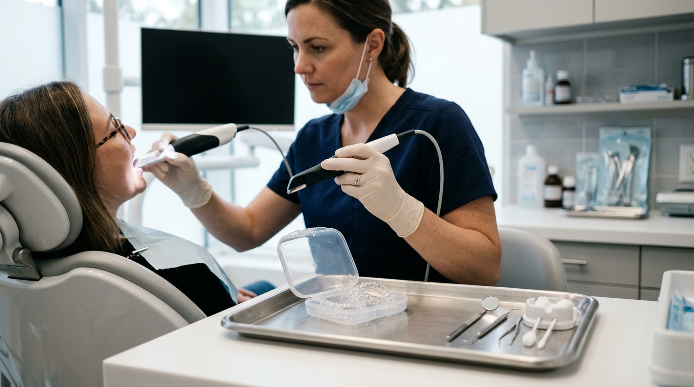 Photograph-style scene of a dentist using an intraoral scanner in a modern clinic with clear aligners on a tray.