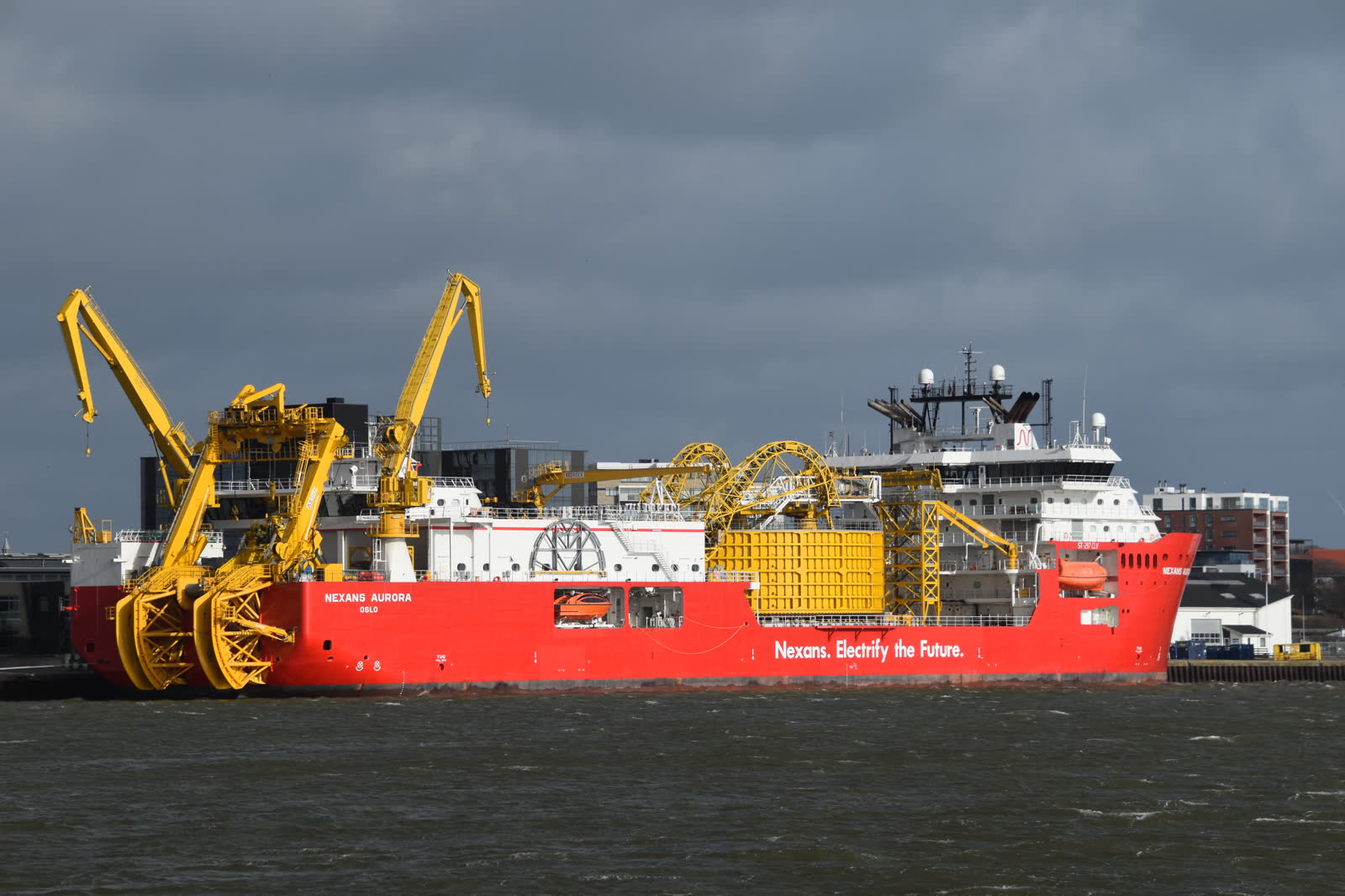 The Nexans Aurora cable-laying vessel moored in Esbjerg harbour in 2024.