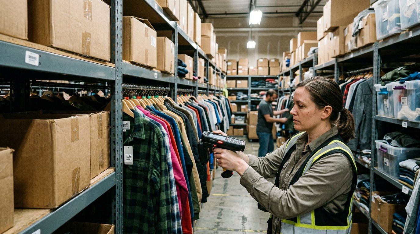 A warehouse backroom shelf scene with tagged inventory and handheld scanning equipment.