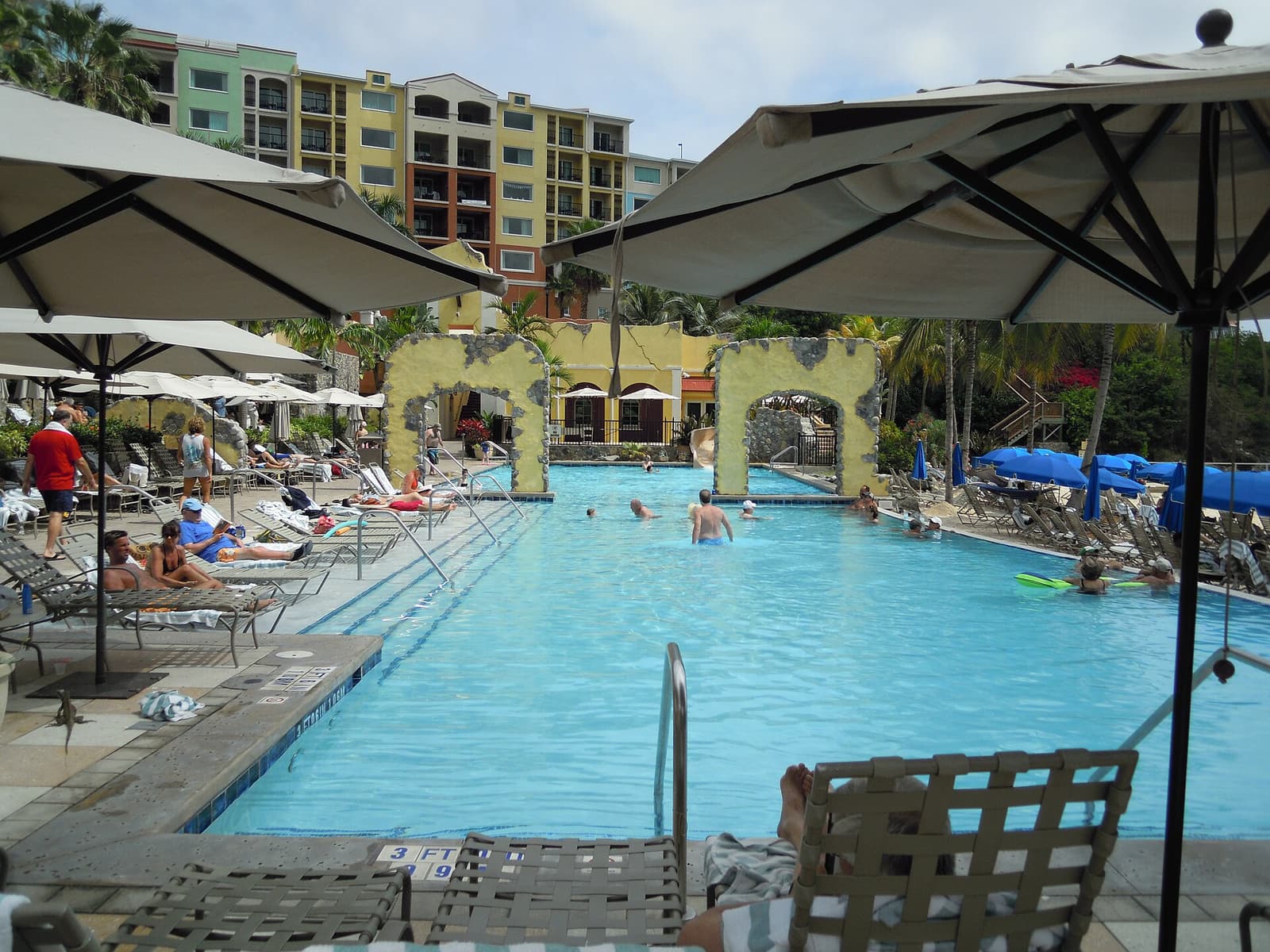 A swimming pool and resort buildings at Marriott's Frenchman's Cove in the U.S. Virgin Islands.