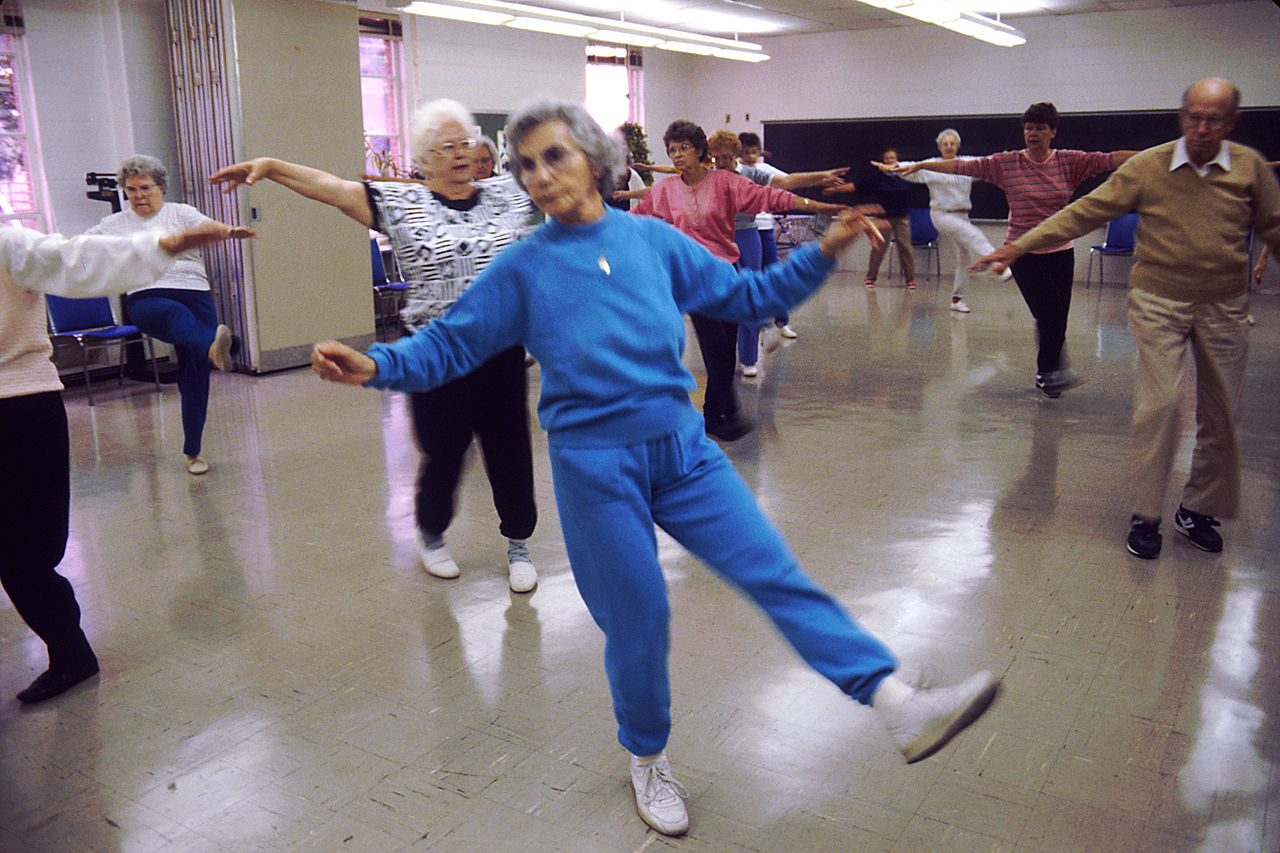 Older adults taking an aerobics class at the Rockville Senior Center in a 1988 National Cancer Institute photograph.