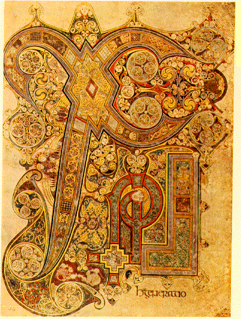 The Book of Kells Chi Rho page, folio 34r, showing an illuminated manuscript page dense with interlace, color, letters, animals, and ornament.