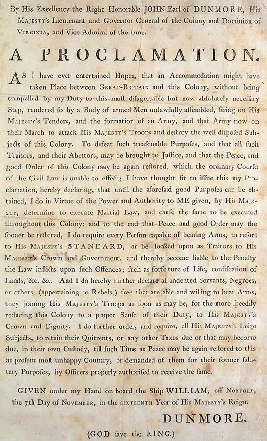 Printed broadside of Lord Dunmore's Proclamation from November 7, 1775, with dense eighteenth-century type and Dunmore's name at the bottom.