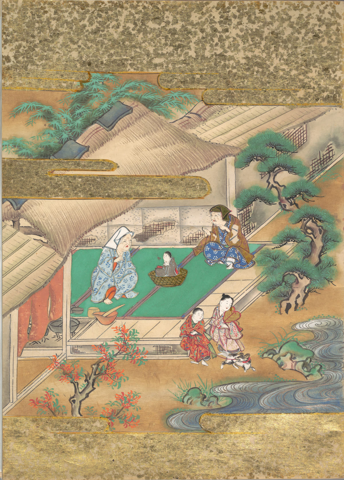 十七世纪《竹取物语》彩绘页，画中老夫妇正在篮中照看幼小的辉夜姬。