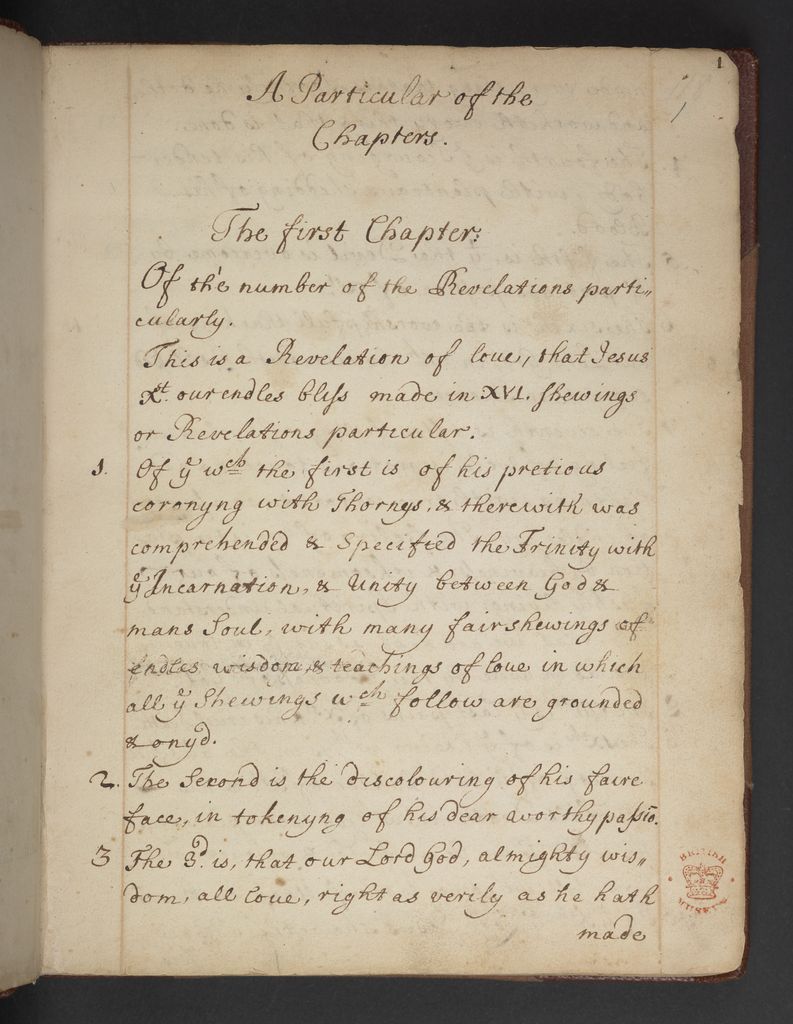 大英图书馆 Sloane MS 3705 的数字化手稿页，以整洁的早期现代手写体保存诺里奇的朱利安《神圣之爱的启示》。