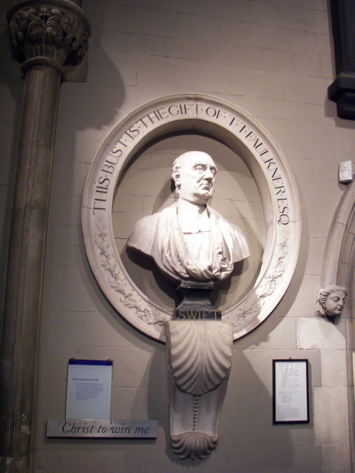 Photograph of Jonathan Swift's bust near his burial place inside St. Patrick's Cathedral in Dublin.