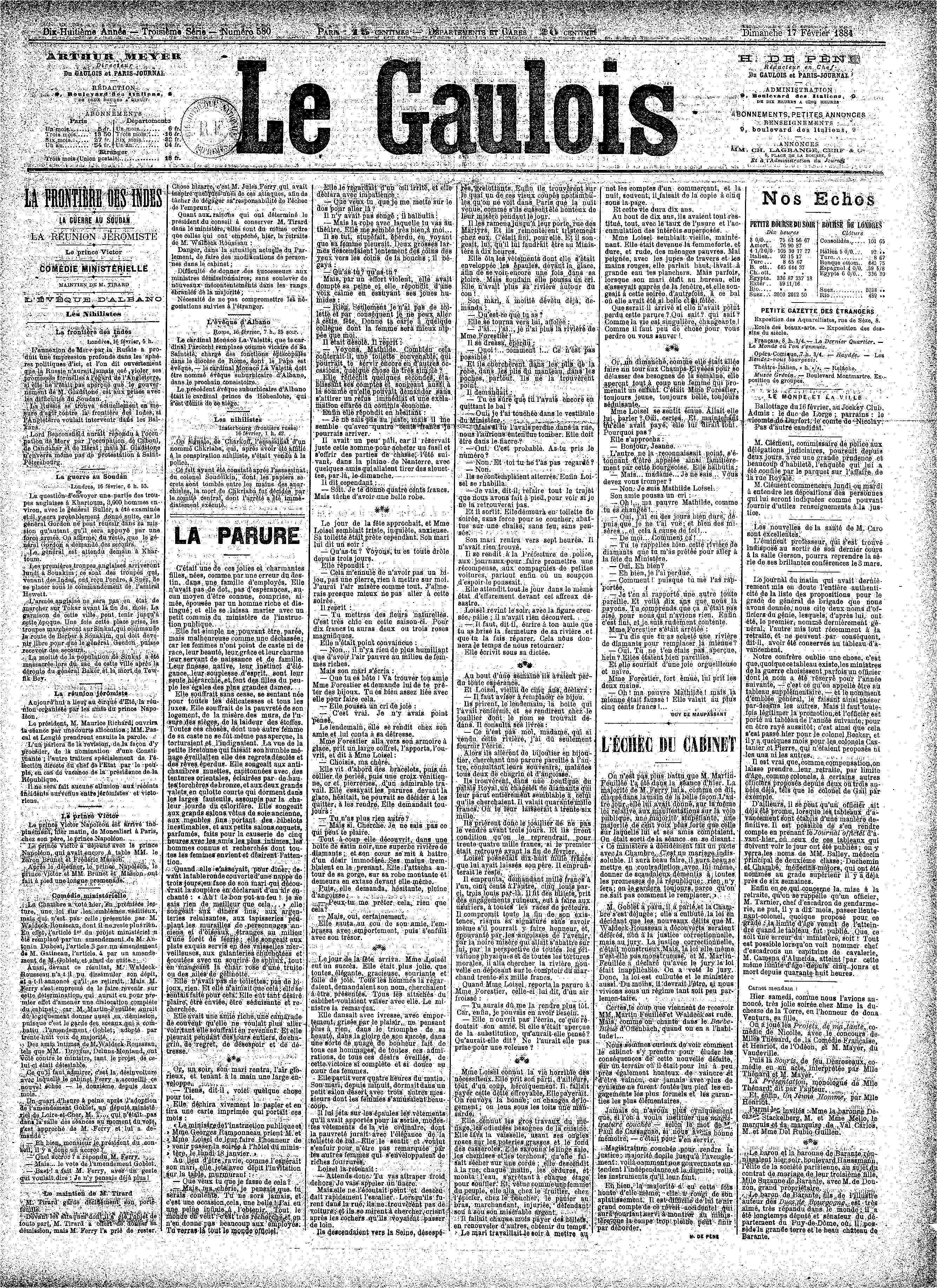 1884 年 2 月 17 日《高卢人报》头版档案图，刊载居伊·德·莫泊桑《项链》的首次发表文本。