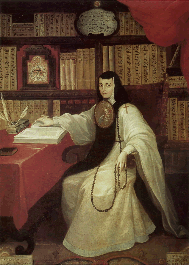Photographic reproduction of Miguel Cabrera's portrait of Sor Juana Ines de la Cruz seated in her library.