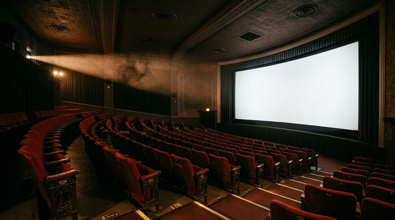 A vintage wide-screen cinema interior with a deeply curved blank screen, red seats, and warm projection light.