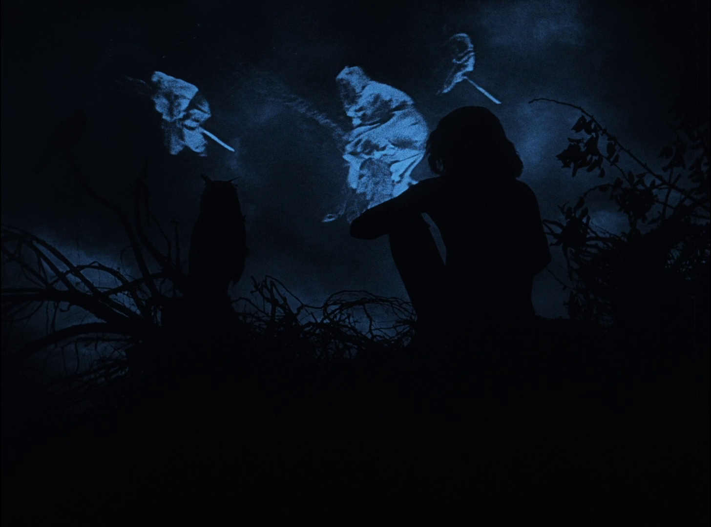《Häxan》的一帧染色档案影像：幽灵般的女巫掠过暗色天空，下方有剪影人物和枝条。
