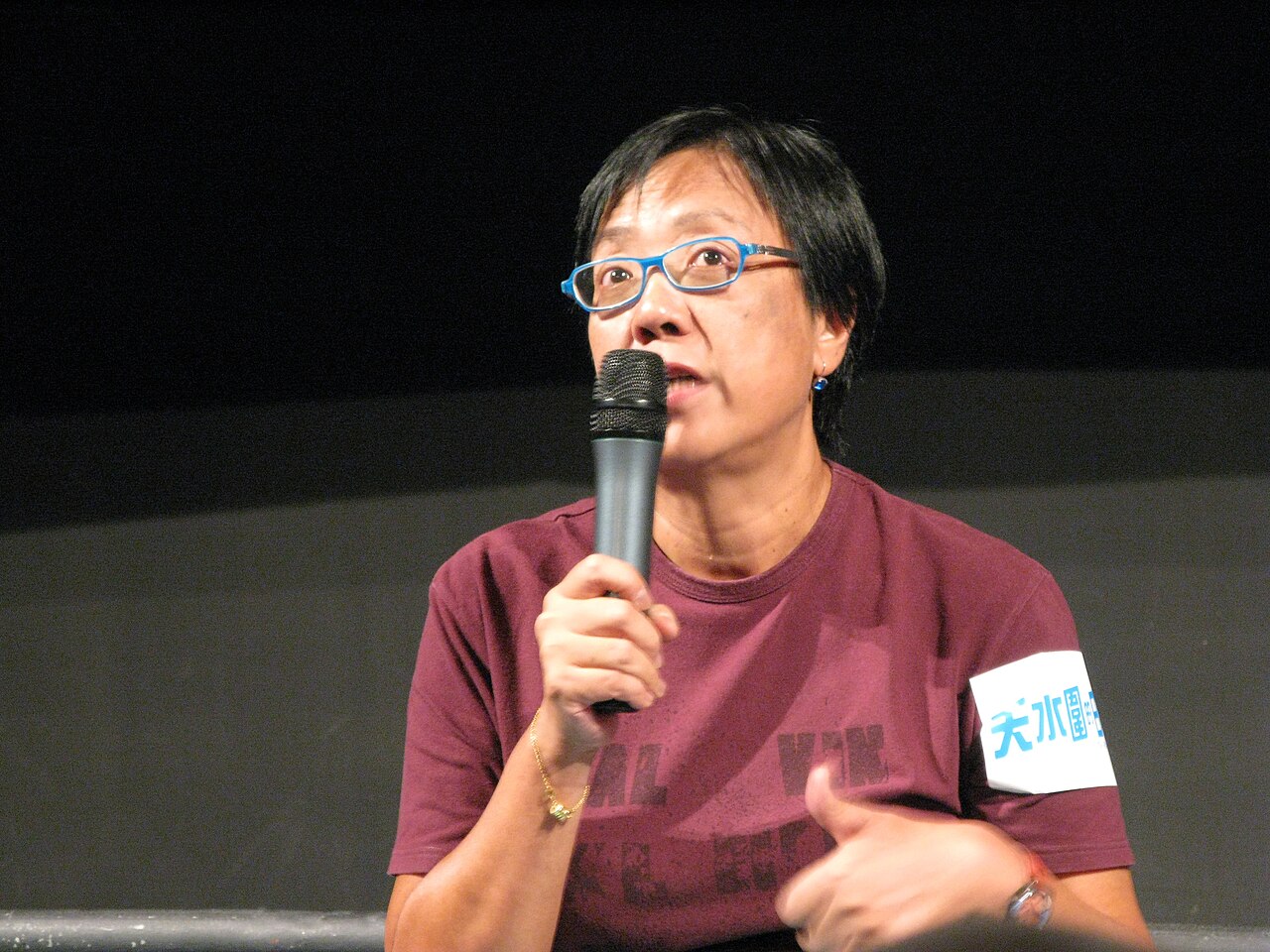 Ann Hui speaking with a microphone after a screening at Broadway Cinematheque in Hong Kong in 2008.