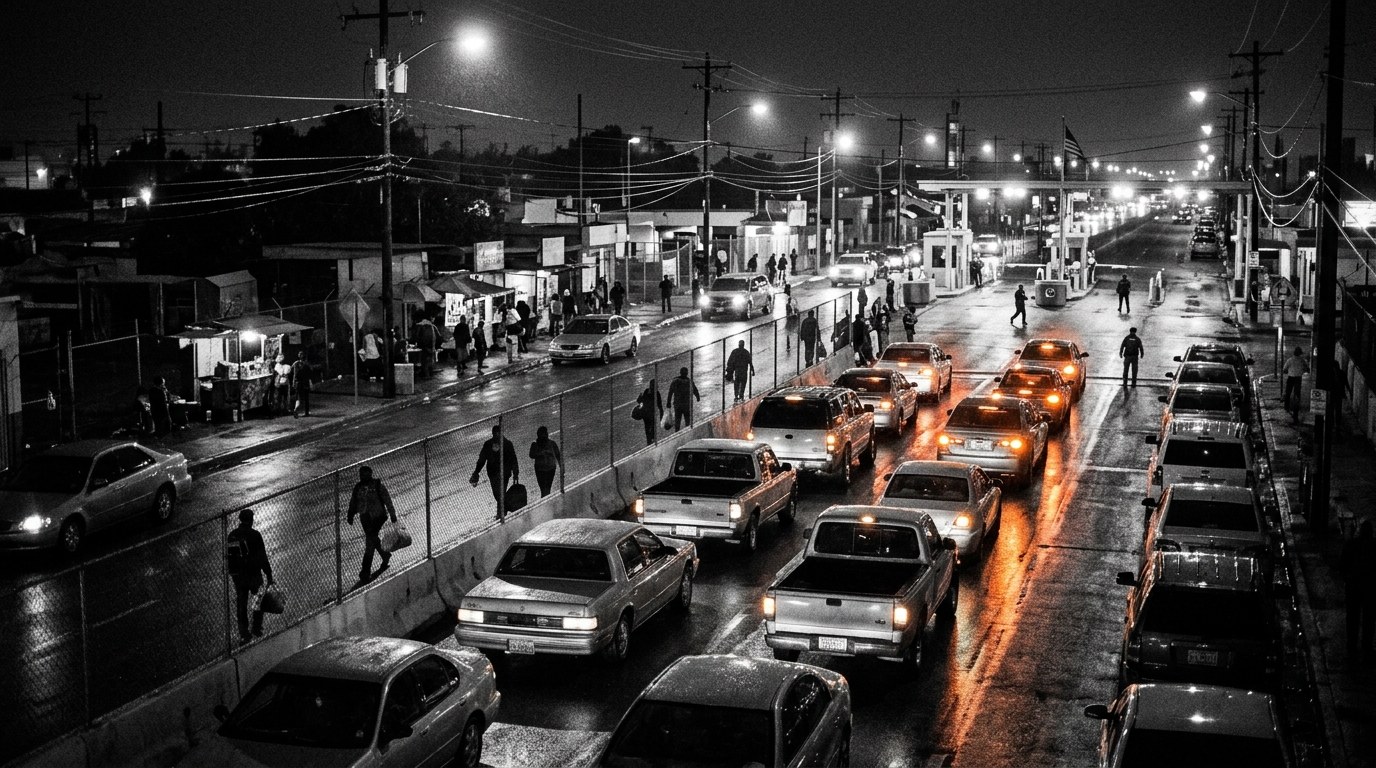 A night border-crossing street scene with queued cars and pedestrians under checkpoint lights.