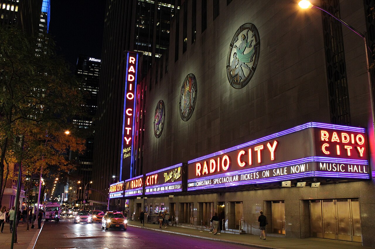 Radio City Music Hall lit at night in New York City.