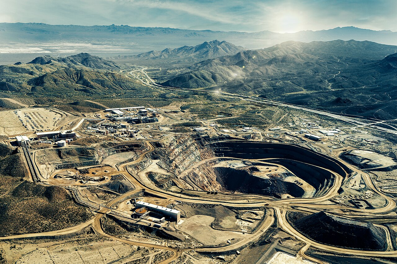 Aerial photograph of the Mountain Pass rare earth mine and processing facility in California.