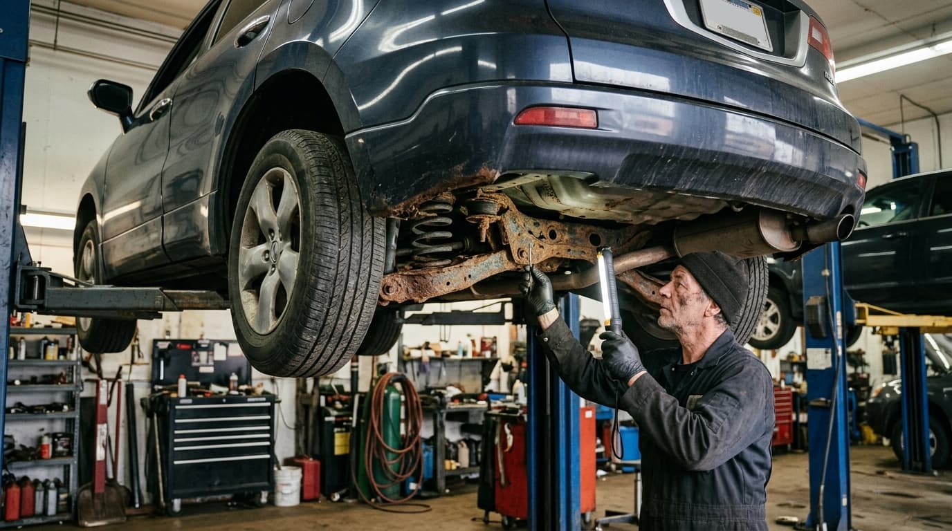 A mechanic inspects corrosion on the rear subframe area underneath a Honda/Acura-style SUV raised on a lift.