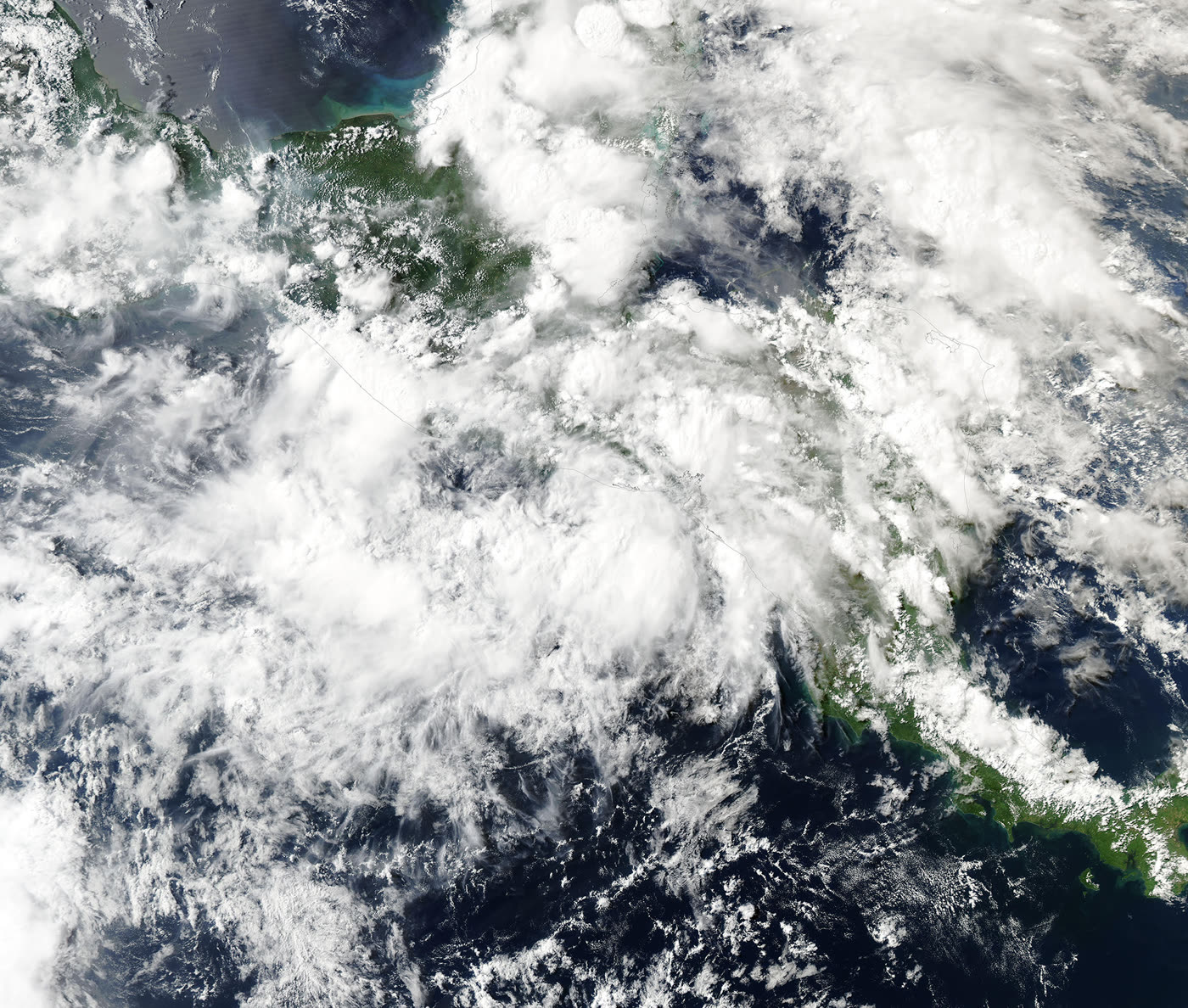 NASA MODIS true-color satellite image of Tropical Storm Cristina off Central America on June 10, 2026.