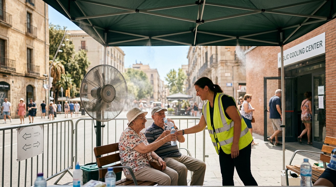 Older residents sit in deep shade at a public cooling-support point during a European summer heatwave.