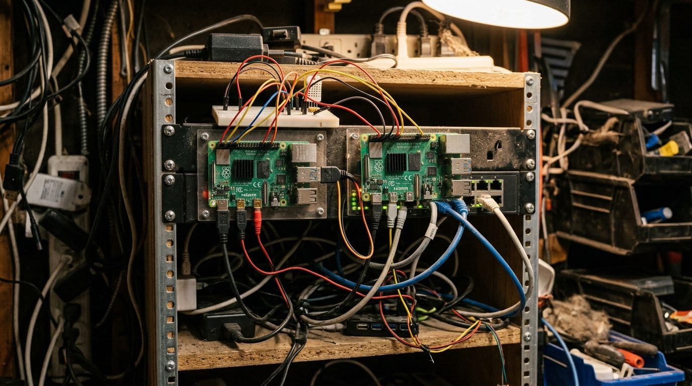 A Raspberry Pi single-board computer on a desk, representing the small local hosts where lightweight MQTT brokers are often deployed.