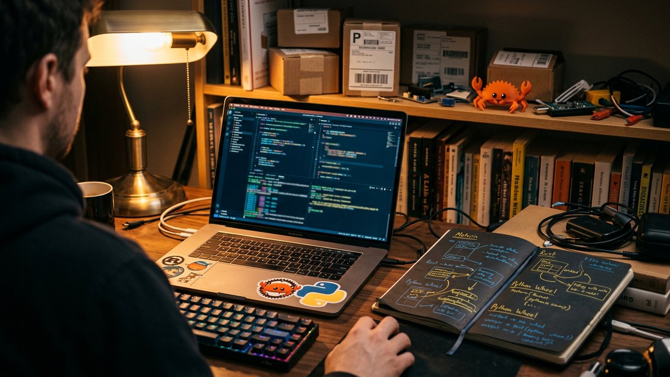 A close developer workstation view showing a maturin build terminal beside pyproject.toml, Cargo.toml, and wheel artifacts.