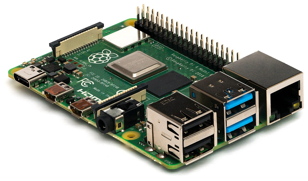 A Raspberry Pi 4 Model B single-board computer photographed from the side.