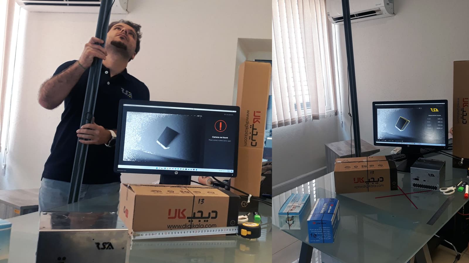 A real photograph of a computer-vision dimensioning prototype with boxes, a camera rig, monitor output, and measurement overlay.