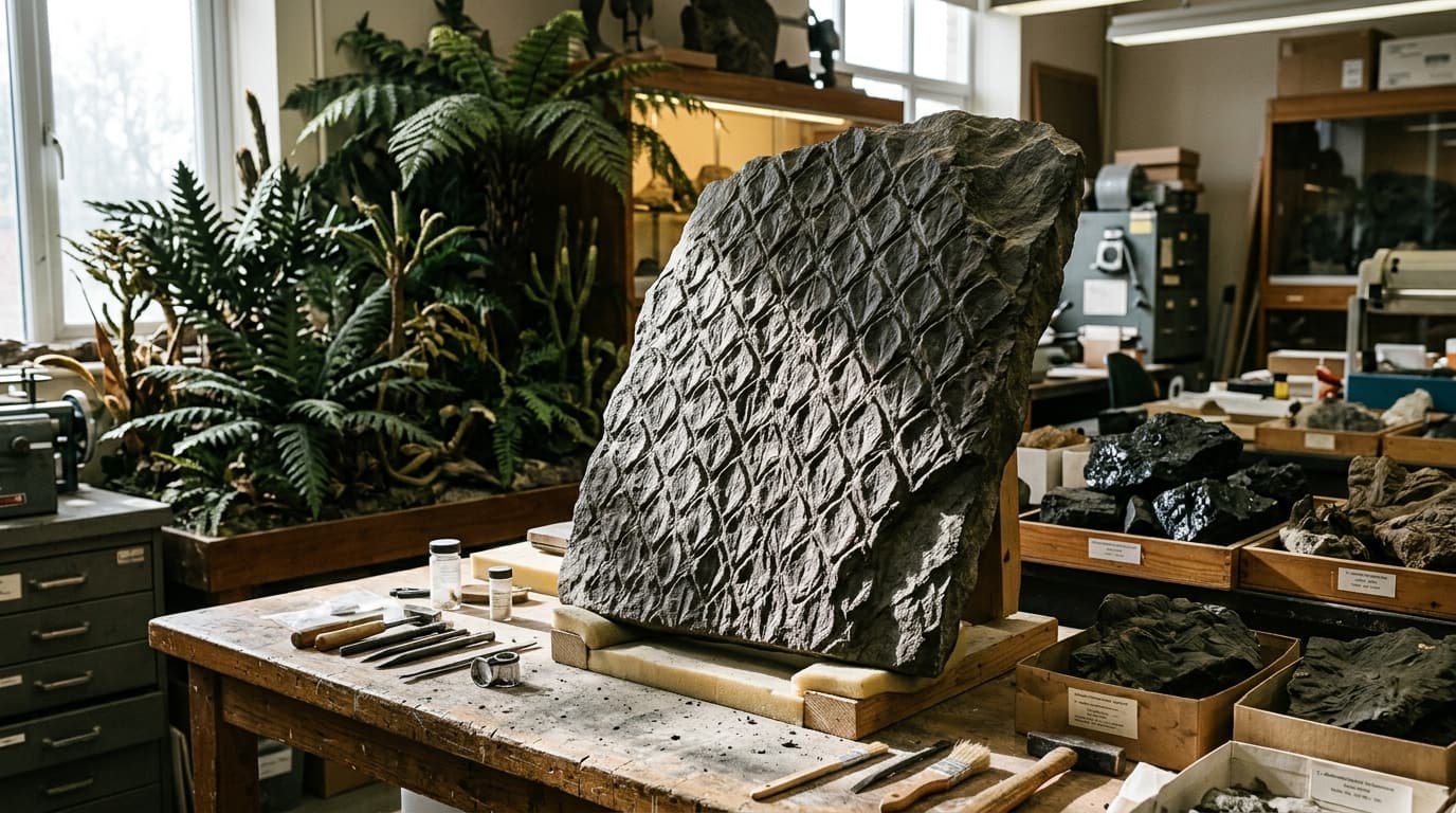 Photograph of a Lepidodendron aculeatum fossil bark slab showing a regular diamond pattern of leaf cushions.