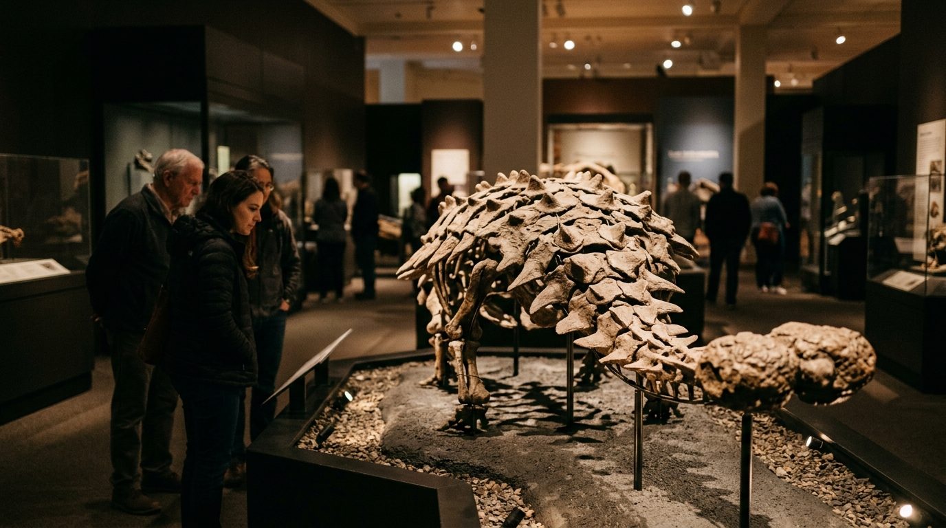 Photograph of the Zuul crurivastator fossil skull at the Royal Ontario Museum, shown in left profile against a dark background.