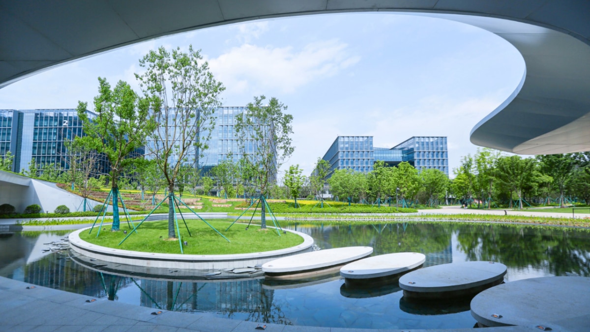 Curving white roofs frame trees, water, and office buildings at Alibaba's Xixi global headquarters in Hangzhou.