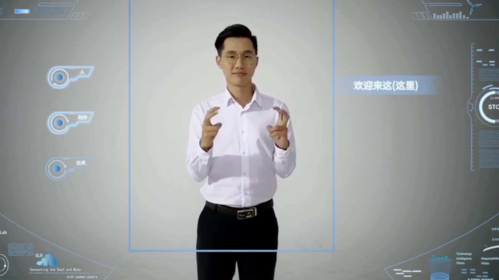 A man in a white shirt signs toward a camera inside Tencent YouTu Lab's 2019 sign-language translation demonstration.