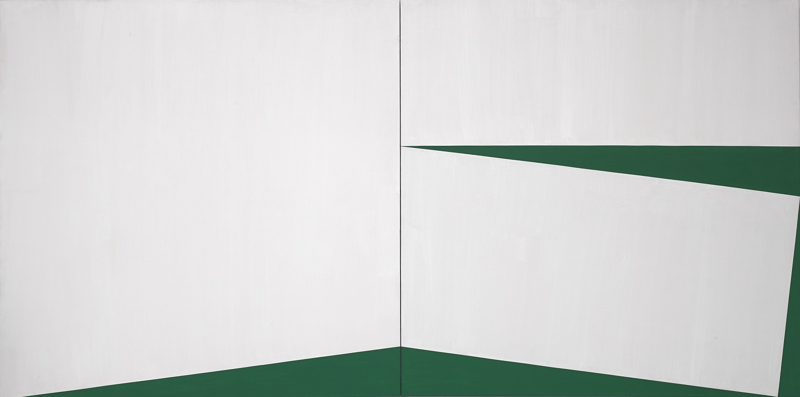 卡门·埃雷拉 1960 年双联画《Blanco y Verde》：绿色三角形切过白色画布面板。