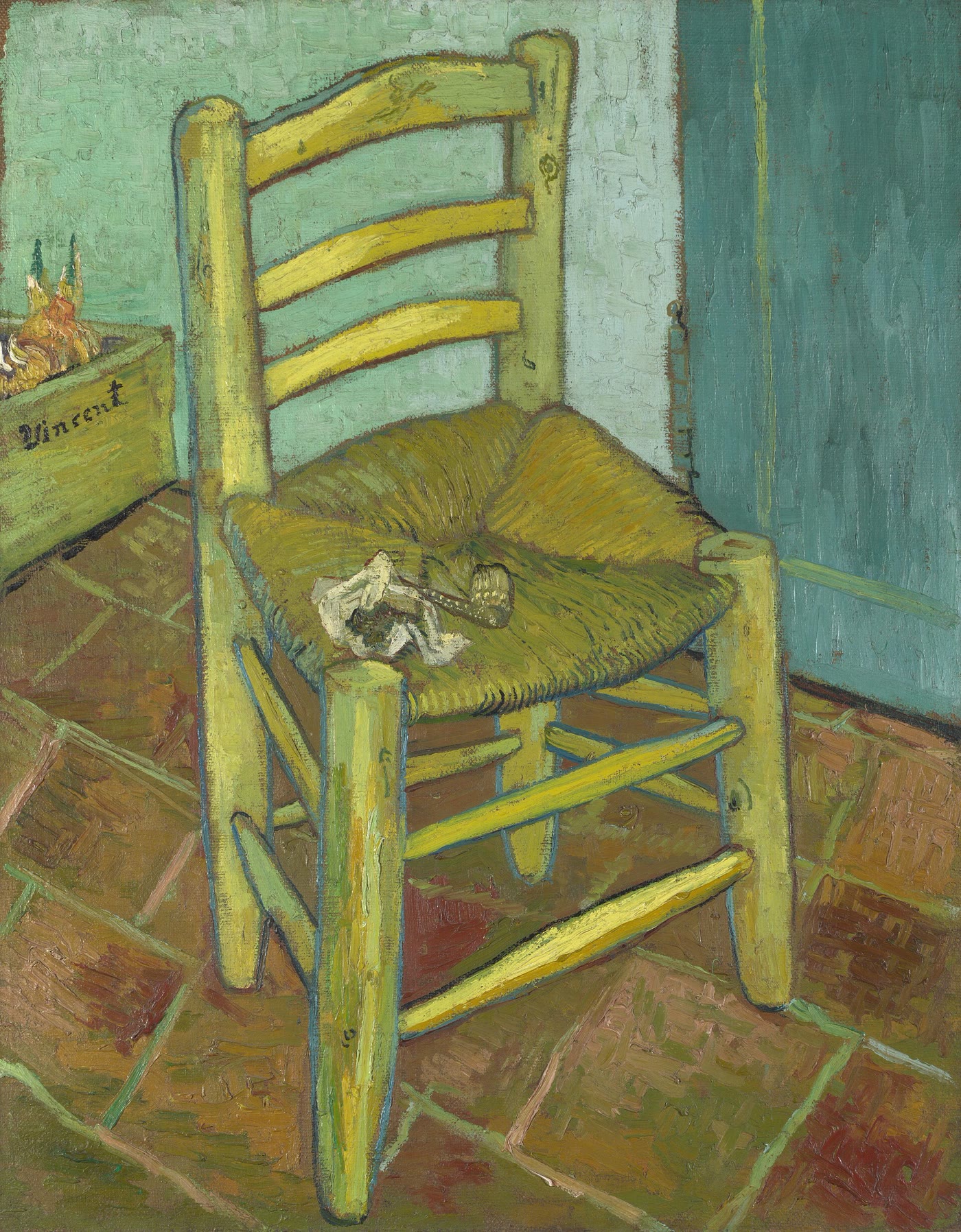 Vincent van Gogh's 1888 painting Van Gogh's Chair, showing a yellow rush-bottomed chair with a pipe and tobacco pouch on red floor tiles.