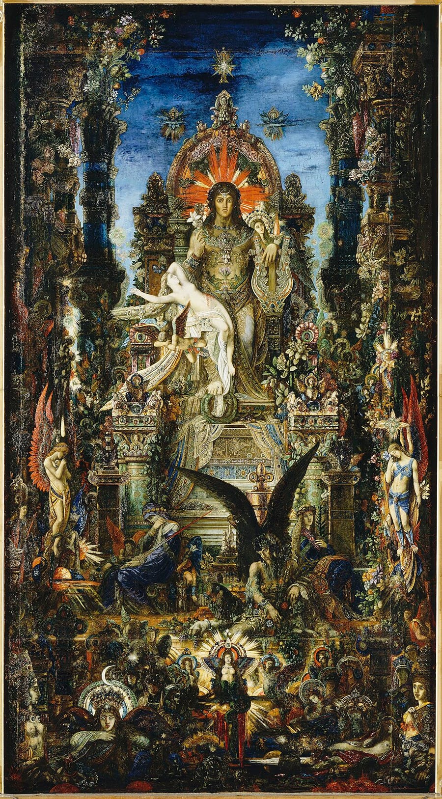 Gustave Moreau's Jupiter and Semele, a vertical Symbolist painting showing Semele collapsing on Jupiter's lap amid dense jeweled ornament, mythological figures, and dark lower allegories.